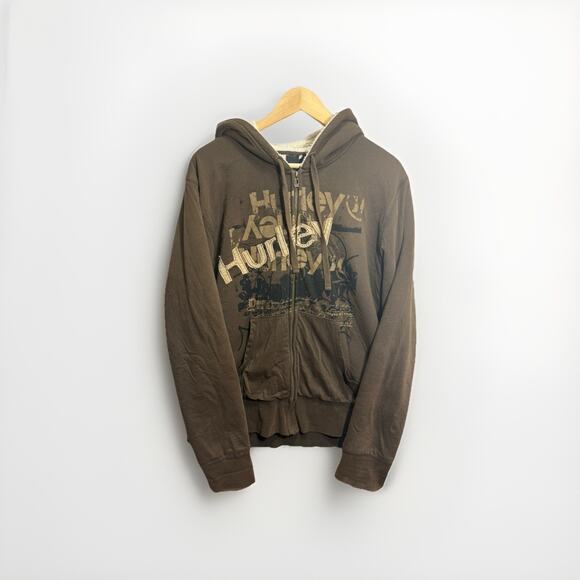 Vintage 2007 Hurley Y2K Fleece Sherpa Zip Up Hoodie Brown Men’s L Logo Graphic - Picture 1 of 8